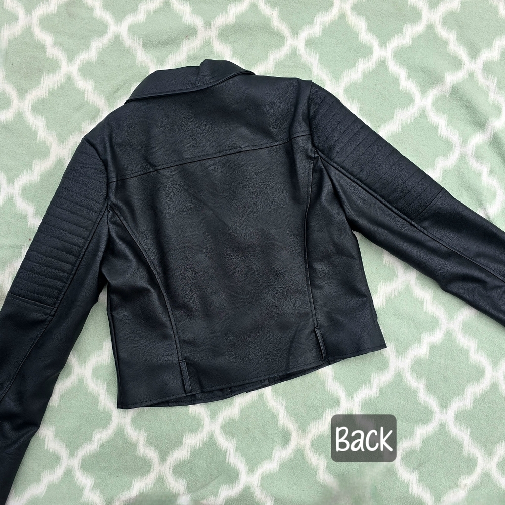 🟢NWOT Womens Black Lapel Collar Belted Zip Up Moto Leather Jacket Size L (8/10) - Picture 4 of 13